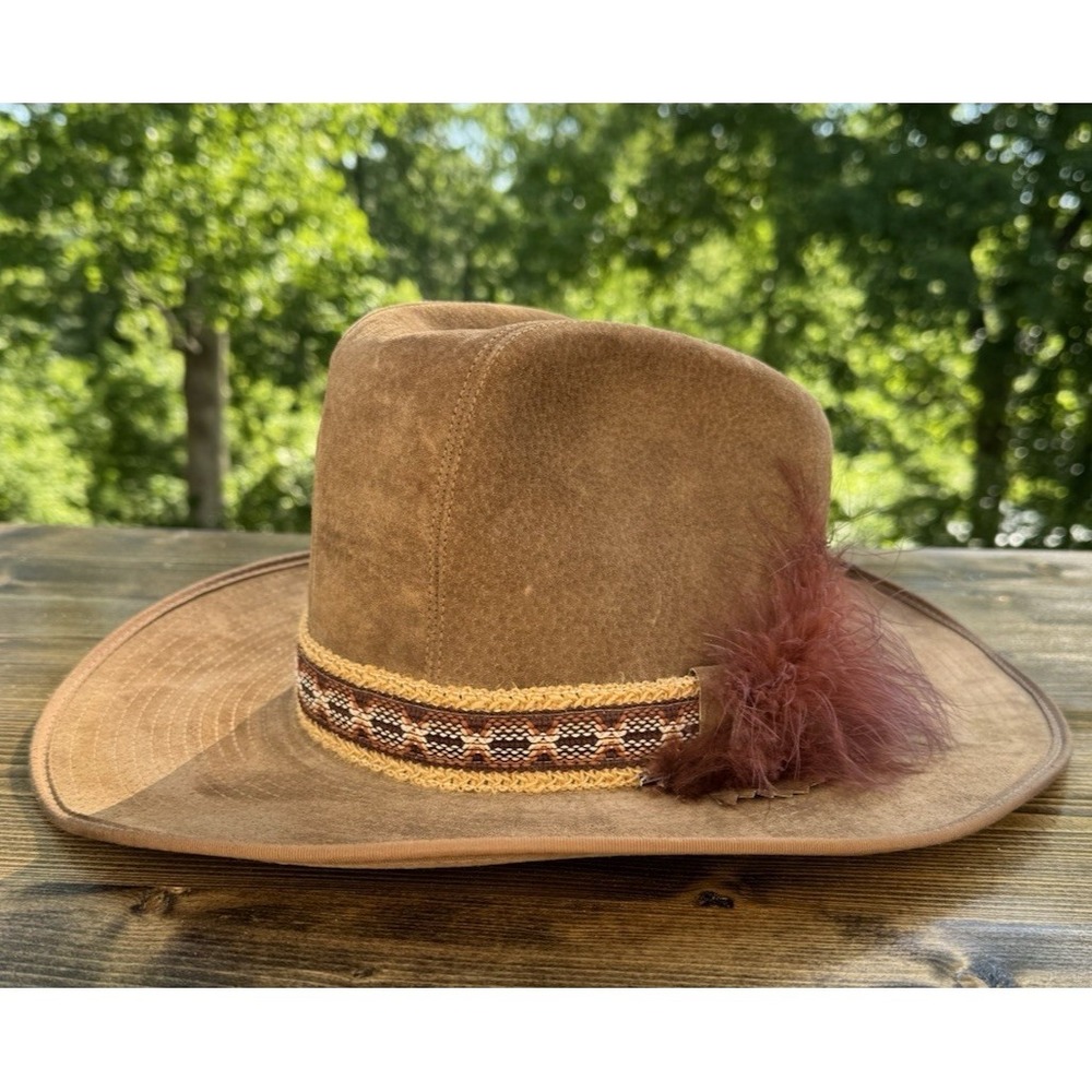 Vintage Stetson Brown Suede Western Cowboy Hat Feather Band USA 7 1/8